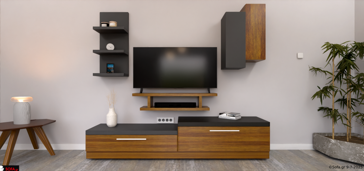 Χειροποίητη σύνθεση σαλονιού Gallery με δυνατότητα επιλογής χρώματος και διαστάσεων, μοντέρνος σχεδιασμός με ξύλινα και μαύρα στοιχεία