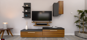 Χειροποίητη σύνθεση σαλονιού Gallery με δυνατότητα επιλογής χρώματος και διαστάσεων, μοντέρνος σχεδιασμός με ξύλινα και μαύρα στοιχεία