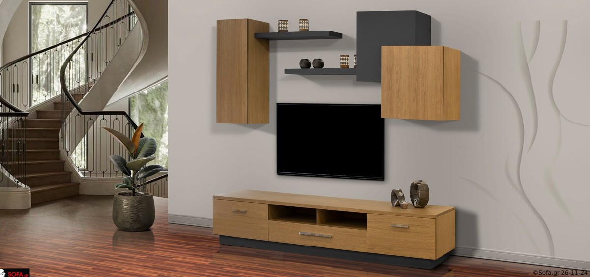 Σύνθεση Star Σύνθεση σαλονιού με επιτοίχια ντουλάπια και ράφια και βάση με συρτάρια