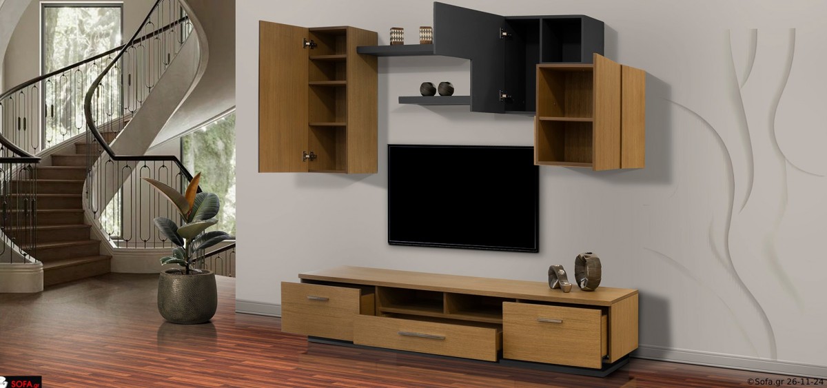 Σύνθεση Star Σύνθεση σαλονιού με επιτοίχια ντουλάπια και ράφια και βάση με συρτάρια