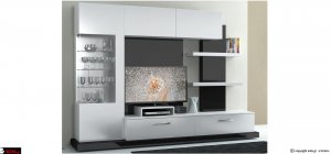 σύνθεση για μεγάλους χώρους με βιτρίνα σε μοντέρνα γραμμή σε άσπρη και μαύρη λακα