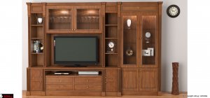 Σύνθετο κλασσικό με σκαλίσματα με ντουλάπια και συρτάρια με βιτρίνα με φωτισμό και ράφια 