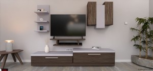 Σύνθεση τοίχου με συρτάρια με ίνοξ πόμολα και αποθηκευτικούς χώρους στα ντουλάπια τοίχου