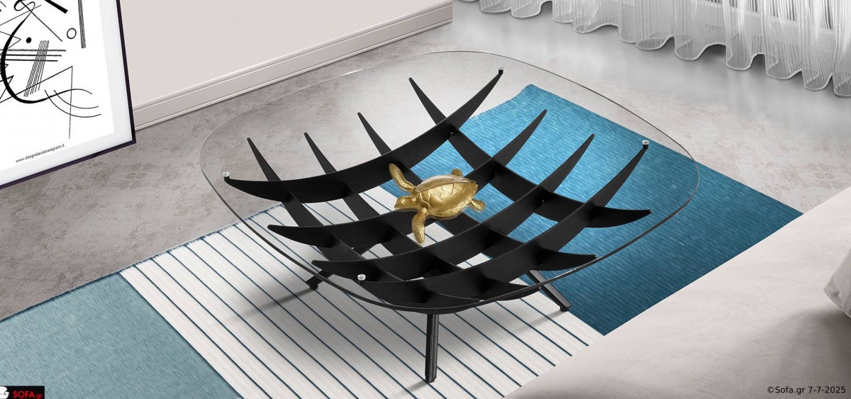 Τραπεζάκι σαλονιού Arc με αρχιτεκτονικό design, μεταλλική βάση και γυαλί ασφαλείας