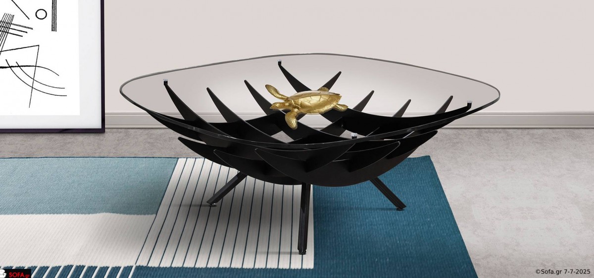 Τραπεζάκι σαλονιού Arc με αρχιτεκτονικό design, μεταλλική βάση και γυαλί ασφαλείας