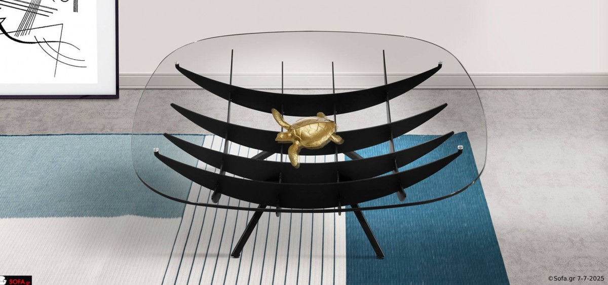 Τραπεζάκι σαλονιού Arc με αρχιτεκτονικό design, μεταλλική βάση και γυαλί ασφαλείας