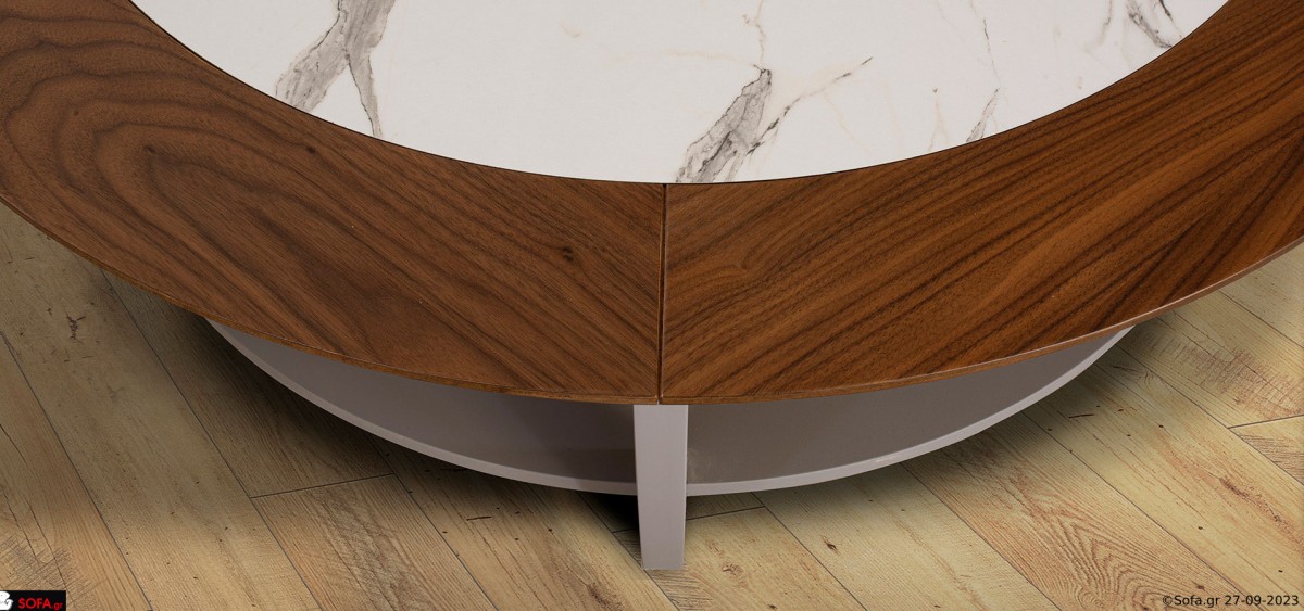 Μοντέρνο στρογγυλό τραπεζάκι Sun Μοντέρνο στρογγυλό τραπεζάκι Sun με ράφι και όψη μαρμάρου με καρυδιά και ράφι