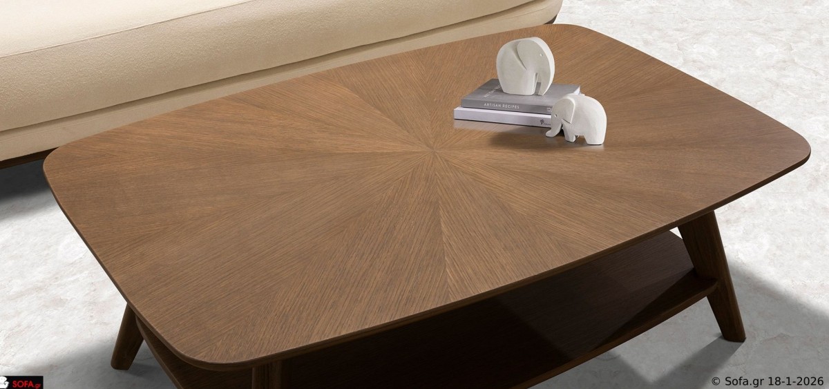 Τραπεζάκι σαλονιού Symmetry με design καπάκι από καπλαμά δρυς, στρογγυλεμένες γωνίες και μασίφ πόδια οξιάς σε φυσική απόχρωση