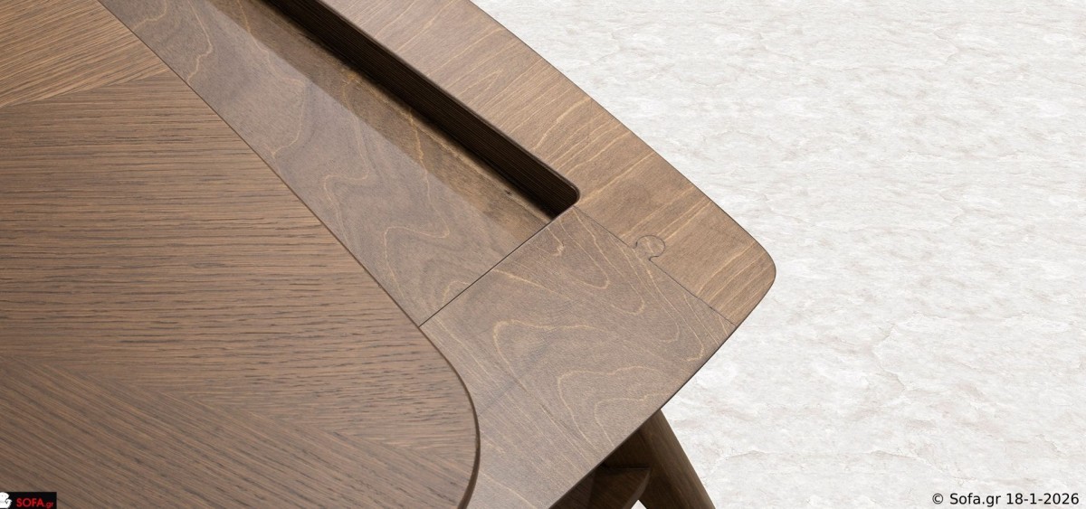 Τραπεζάκι σαλονιού Symmetry με design καπάκι από καπλαμά δρυς, στρογγυλεμένες γωνίες και μασίφ πόδια οξιάς σε φυσική απόχρωση