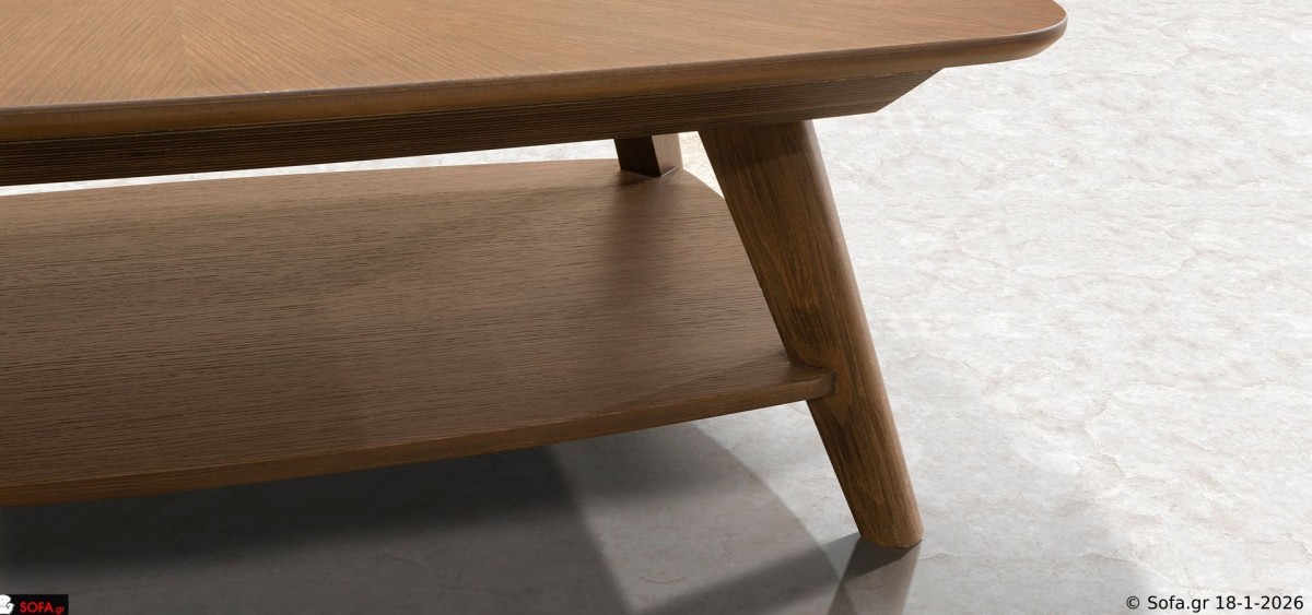 Τραπεζάκι σαλονιού Symmetry με design καπάκι από καπλαμά δρυς, στρογγυλεμένες γωνίες και μασίφ πόδια οξιάς σε φυσική απόχρωση