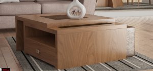 Τραπεζάκι σαλονιού ξύλινο, με τζάμι στο επάνω μέρος και σκαμπώ . Διαθέτει συρτάρι και έχει τη δυνατότητα προέκτασης.