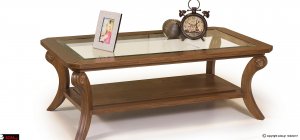 Κλασικό τραπεζάκι σαλονιού με μακρόστενο σχήμα, κατασκευασμένο με συνδυασμό τζαμιού και ξύλου.