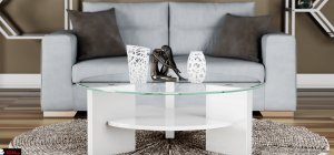 στρογγυλό τραπεζάκι σαλονιού σε μοντέρνα γραμμή γυάλινο και λάκα