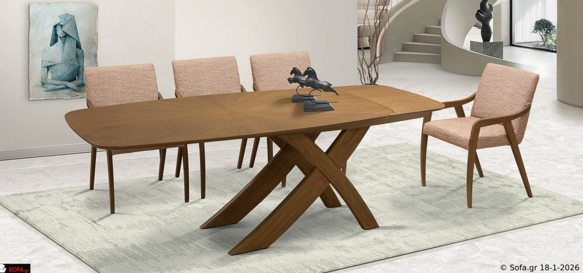 Τραπεζαρία Symmetry με επεκτεινόμενο τραπέζι από καπλαμά δρυς, σταθερή βάση μασίφ ξύλου και καρέκλες με υφασμάτινο κάθισμα σε σύγχρονο χώρο