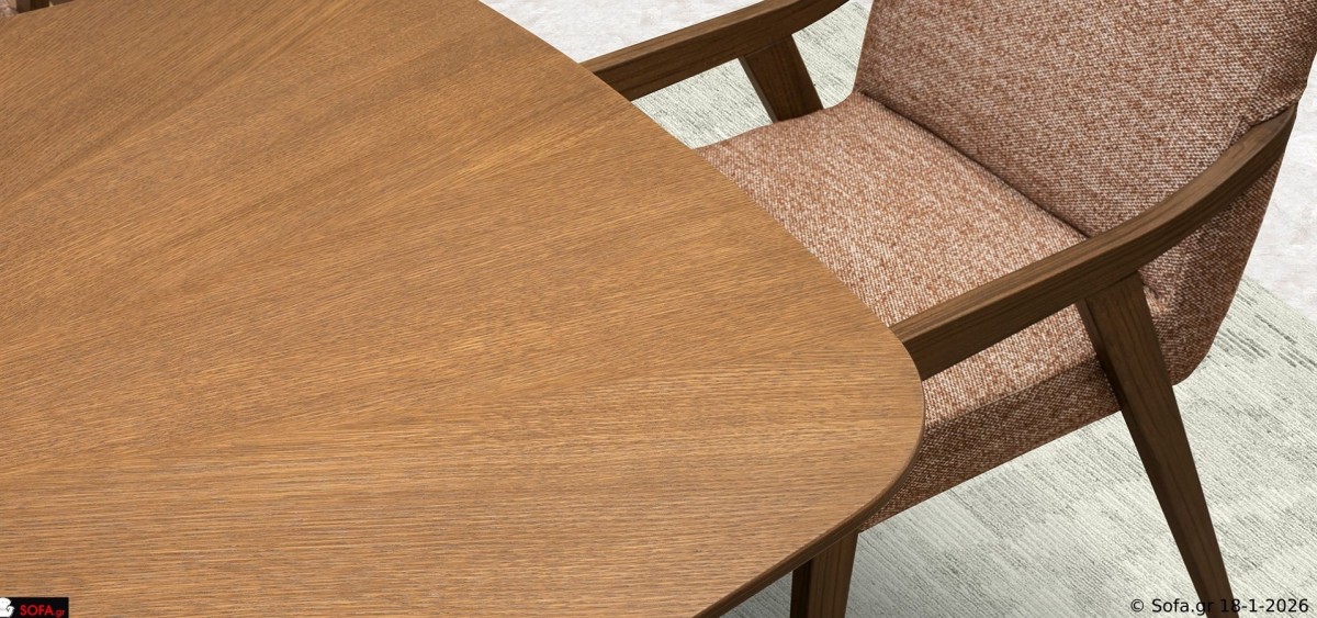 Τραπεζαρία Symmetry με επεκτεινόμενο τραπέζι από καπλαμά δρυς, σταθερή βάση μασίφ ξύλου και καρέκλες με υφασμάτινο κάθισμα σε σύγχρονο χώρο