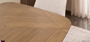 Τελείωμα τραπεζιου Upper Λεπτομέρεια επιφάνειας τραπεζαρίας Upper σε φυσική απόχρωση ξύλου με διαφορετικά νερά και ιδιαίτερο γεωμετρικό σχέδιο