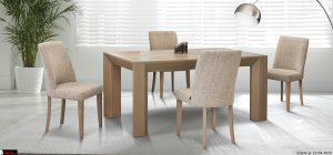 Τραπεζαρία με ιδιαίτερο σχέδιο στα πόδια και καρέκλες ντυμένες