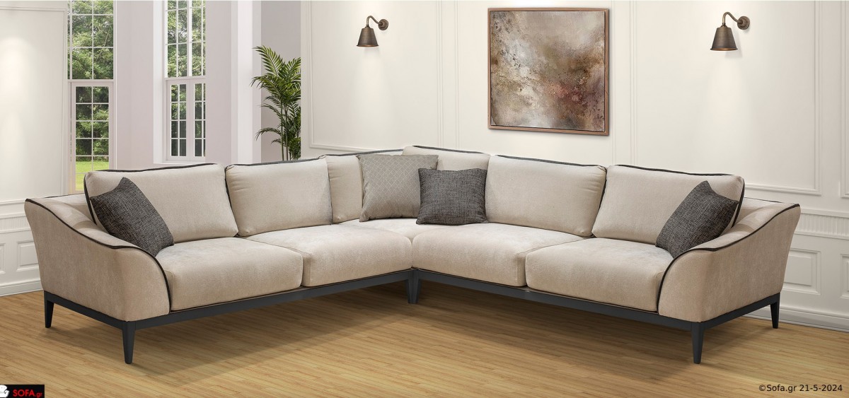 καναπές γωνία με δυο μπράτσα , μασιφ πόδι και αναπαυτικό κάθισμα