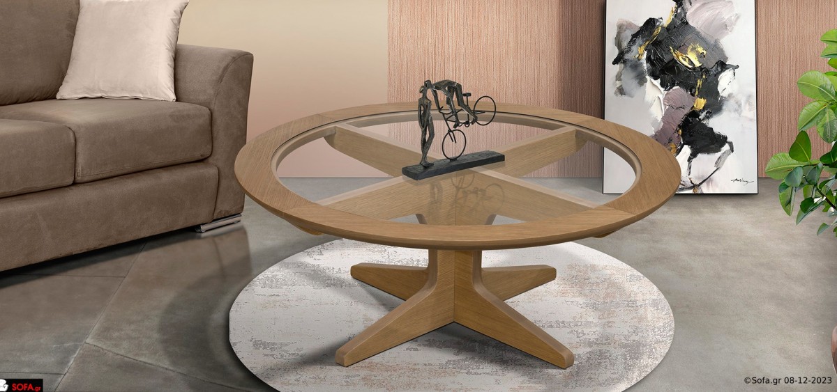 στρογγυλο τραπεζάκι σαλονιού με βαση και διάφανο τζάμι