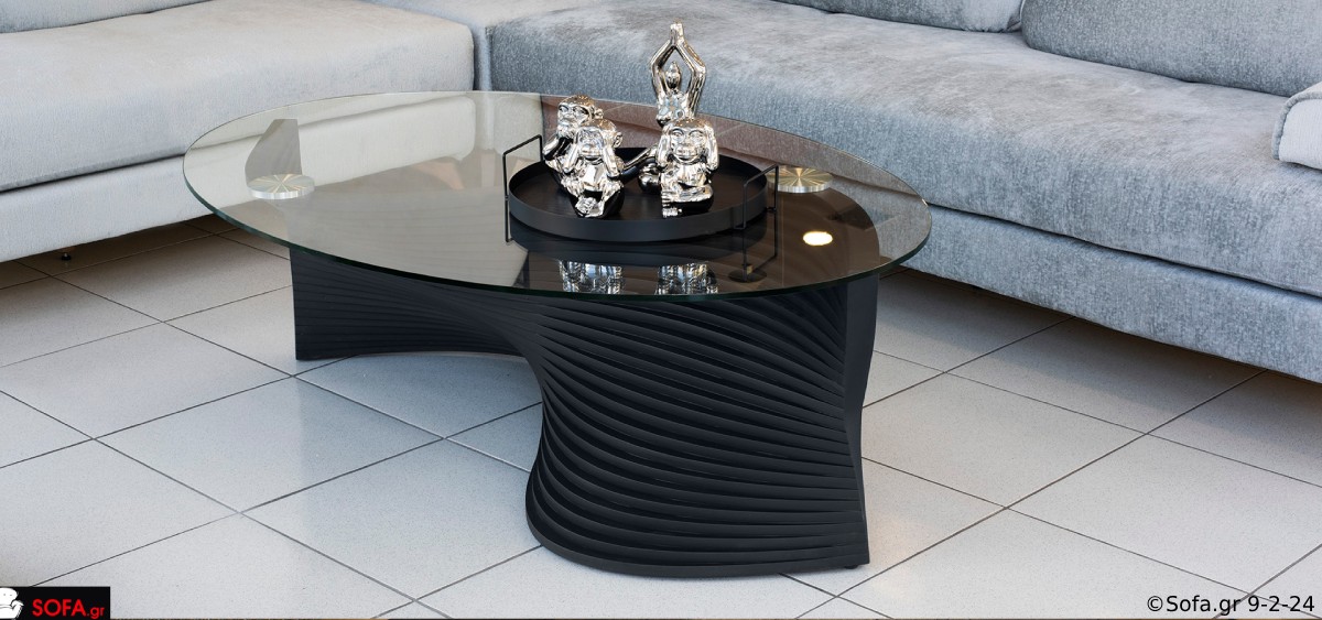 μοντέρνο τραπεζάκι σαλονιού wave με λάκα και τζάμι σε σχήμα οβάλ