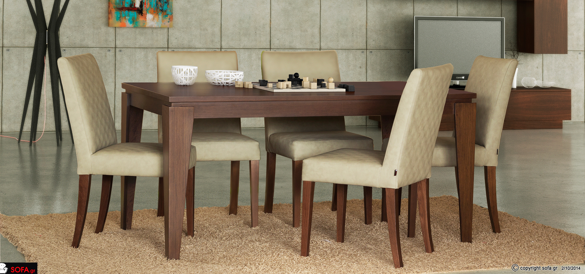 Τραπέζι με 6 καρέκλες υφασμάτινες ξύλο δρύς