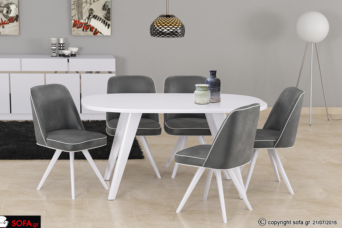 Οβάλ άσπρη τραπεζαρία για μικρούς χώρους και καρέκλες από μασίφ ξύλο οξιάς.