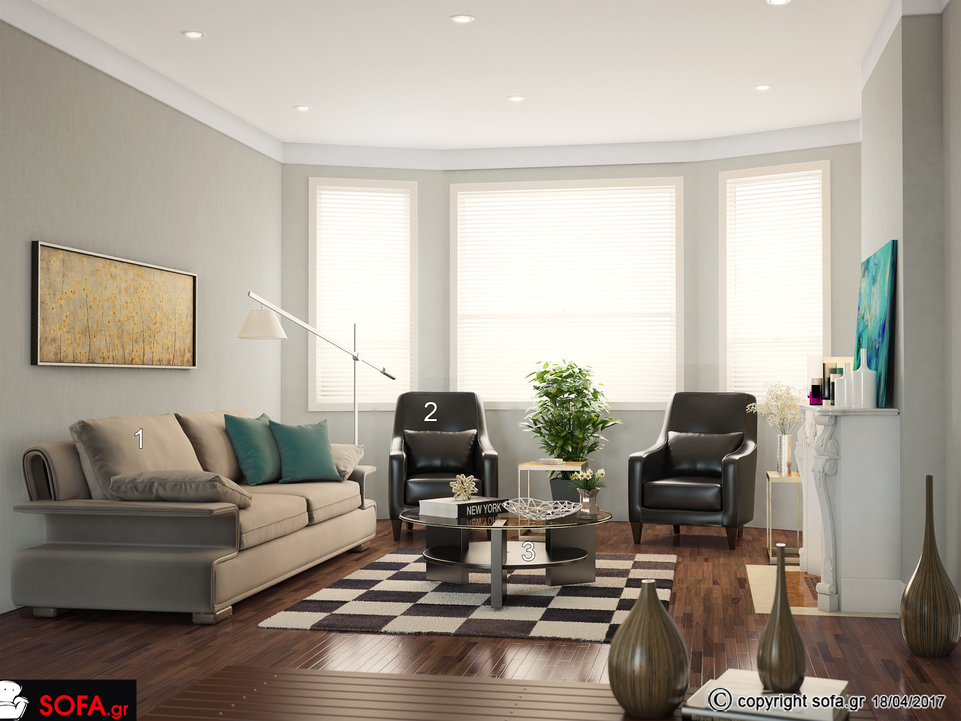 τριθέσιος καναπές σε γκρι χρώμα και 2 πολυθρόνες σε μαύρη δερματίνη